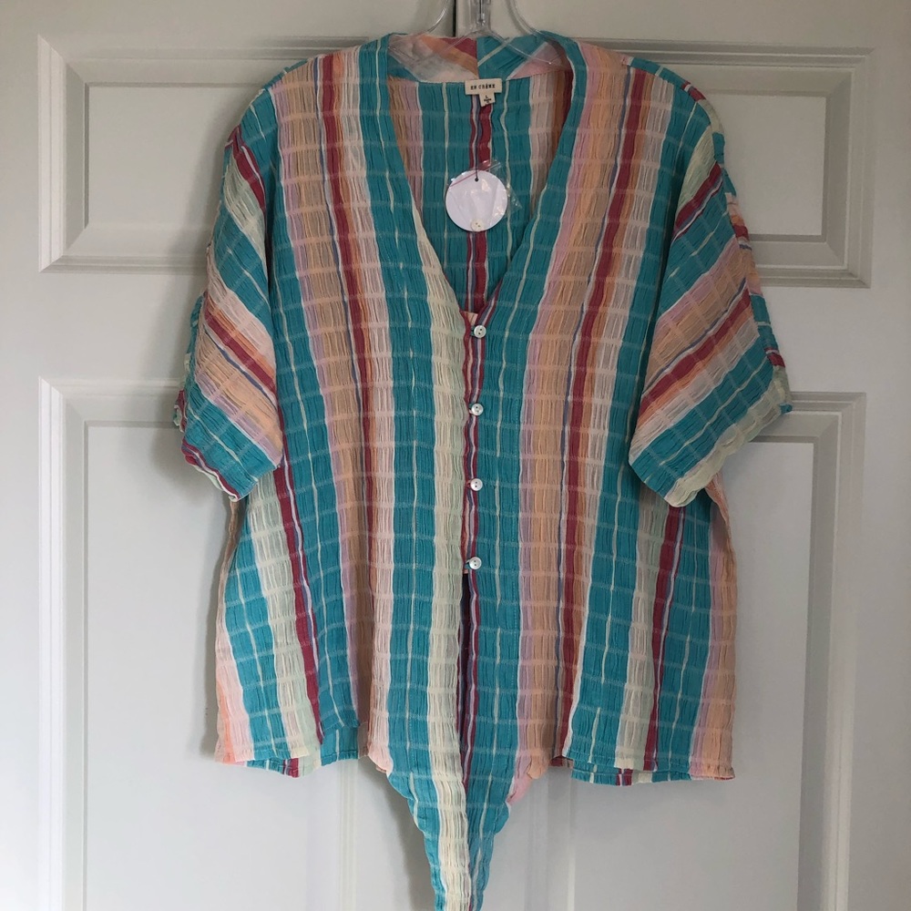 NWT En Creme Striped Gauze Button Down Tie Front Top, Size Large - Picture 11 of 13